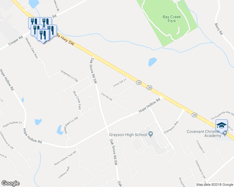 map of restaurants, bars, coffee shops, grocery stores, and more near 130 Lacey Oak Lane in Loganville