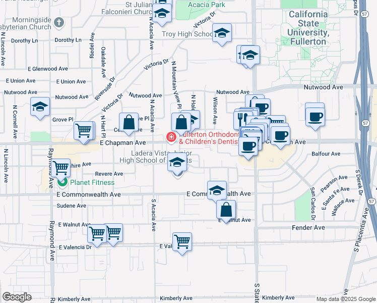 map of restaurants, bars, coffee shops, grocery stores, and more near 2017 East Whiting Avenue in Fullerton