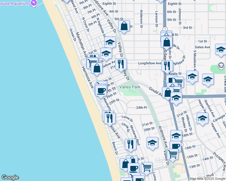 map of restaurants, bars, coffee shops, grocery stores, and more near 320 27th Street in Hermosa Beach