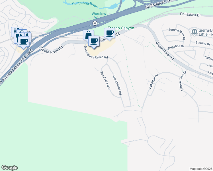 map of restaurants, bars, coffee shops, grocery stores, and more near 1557 San Ponte Road in Corona