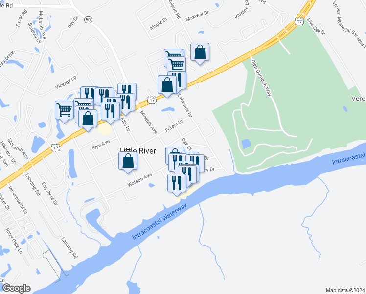 map of restaurants, bars, coffee shops, grocery stores, and more near 4316 Oak Street in Little River