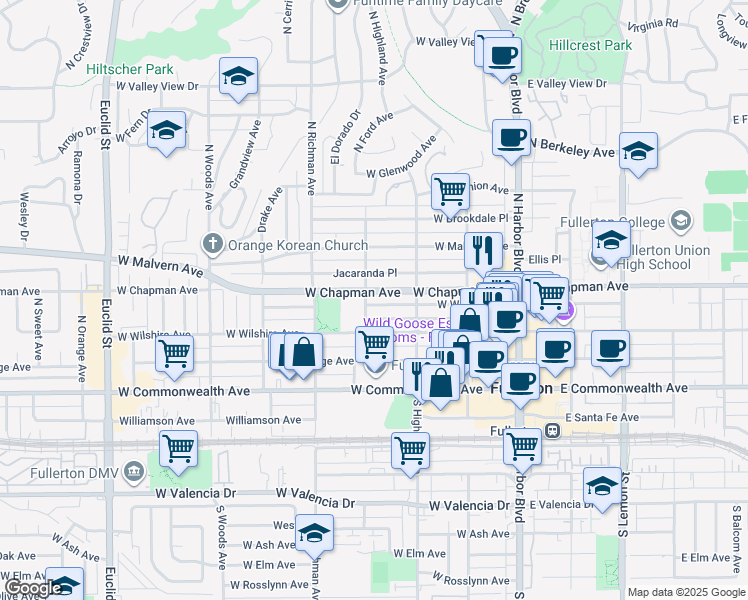 map of restaurants, bars, coffee shops, grocery stores, and more near 341 West Whiting Avenue in Fullerton