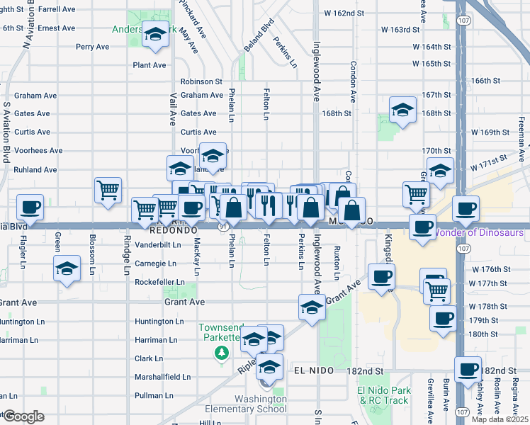 map of restaurants, bars, coffee shops, grocery stores, and more near 2522 Mathews Avenue in Redondo Beach