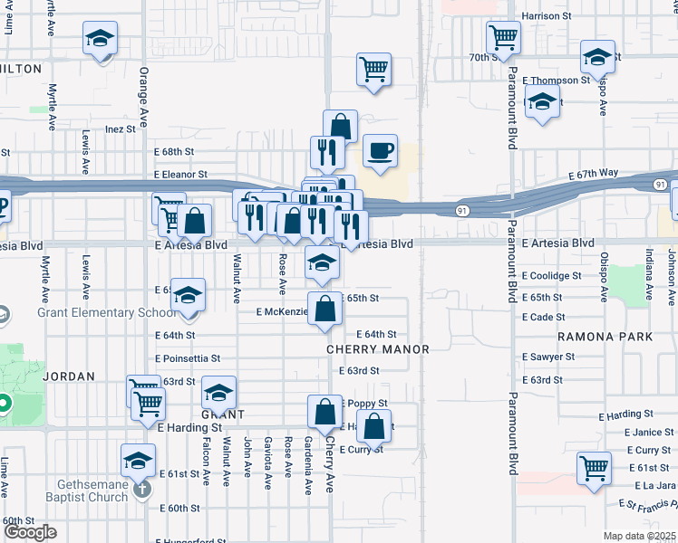 map of restaurants, bars, coffee shops, grocery stores, and more near 6510 Cherry Avenue in Long Beach