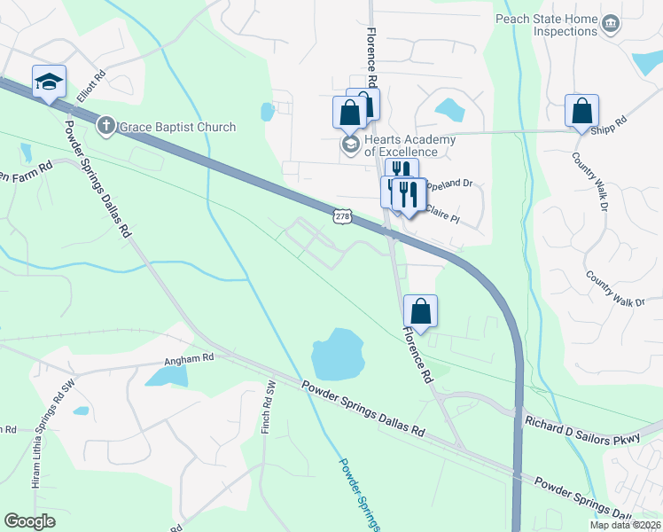 map of restaurants, bars, coffee shops, grocery stores, and more near 3338 Thornbridge Drive in Powder Springs