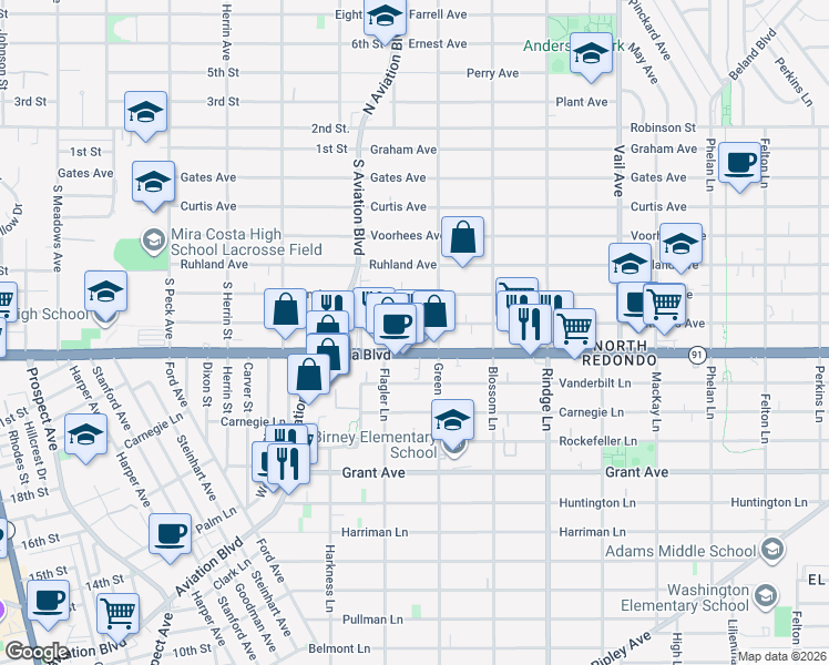 map of restaurants, bars, coffee shops, grocery stores, and more near 1924 Mathews Avenue in Redondo Beach