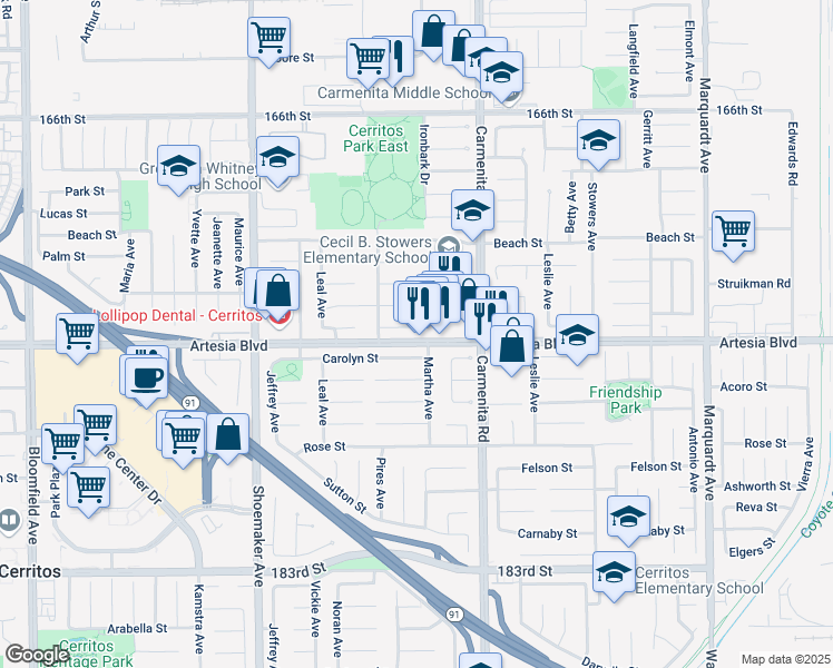 map of restaurants, bars, coffee shops, grocery stores, and more near 13240 Abana Place in Cerritos