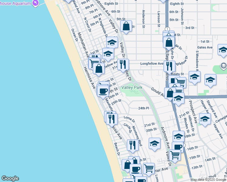 map of restaurants, bars, coffee shops, grocery stores, and more near 262 27th Street in Hermosa Beach
