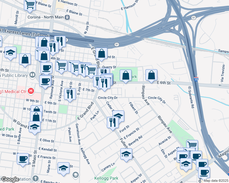 map of restaurants, bars, coffee shops, grocery stores, and more near 778 La Tierra Street in Corona