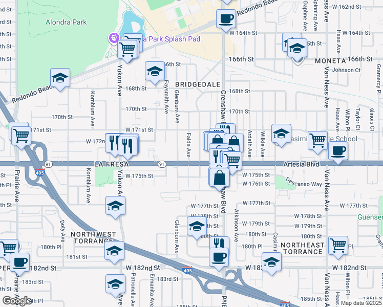 map of restaurants, bars, coffee shops, grocery stores, and more near 17308 Falda Avenue in Torrance