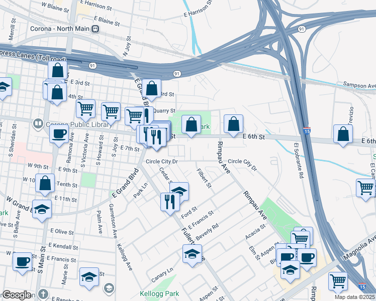 map of restaurants, bars, coffee shops, grocery stores, and more near 788 Gianni Drive in Corona