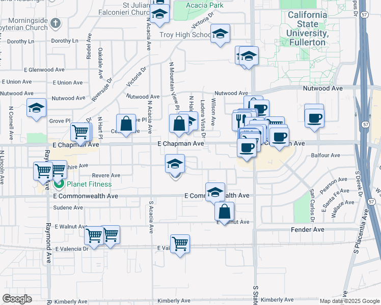 map of restaurants, bars, coffee shops, grocery stores, and more near 2025 East Whiting Avenue in Fullerton
