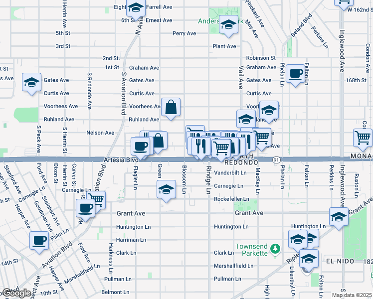 map of restaurants, bars, coffee shops, grocery stores, and more near 2107 Artesia Boulevard in Redondo Beach