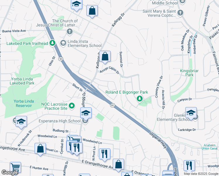 map of restaurants, bars, coffee shops, grocery stores, and more near 19162 Parkland Street in Yorba Linda