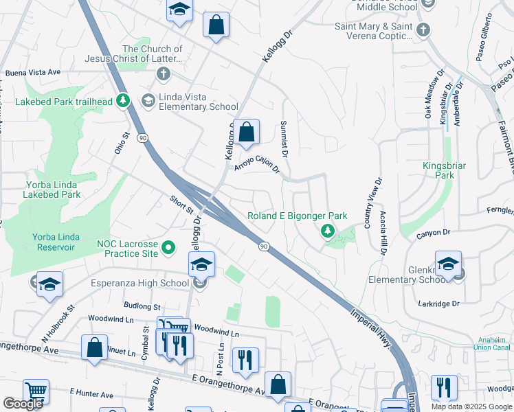 map of restaurants, bars, coffee shops, grocery stores, and more near 19054 Alamo Lane in Yorba Linda