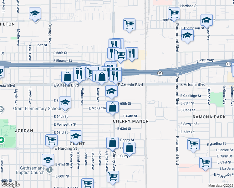 map of restaurants, bars, coffee shops, grocery stores, and more near 6510 Cherry Avenue in Long Beach
