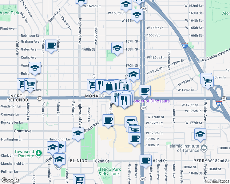 map of restaurants, bars, coffee shops, grocery stores, and more near 4546 West 173rd Street in Lawndale