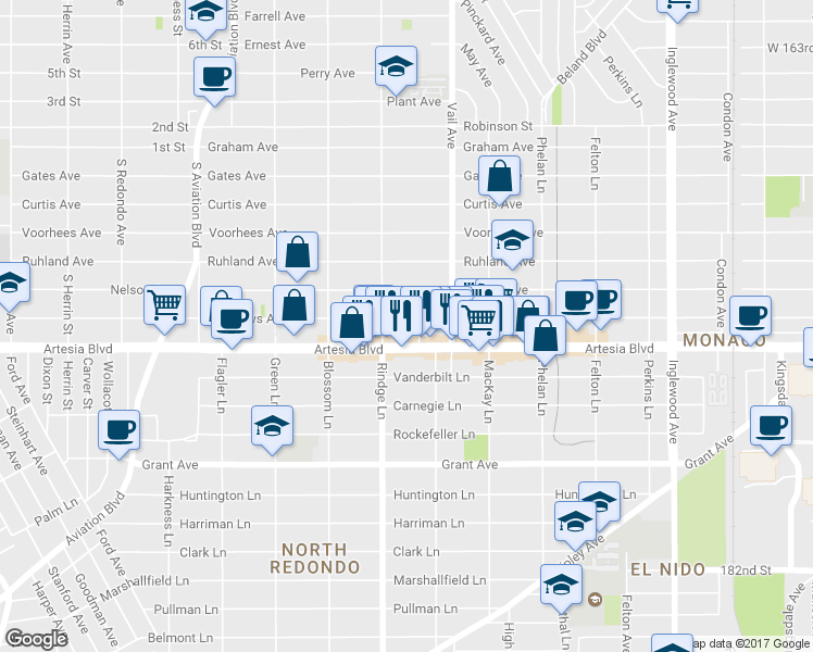 map of restaurants, bars, coffee shops, grocery stores, and more near 2210 Mathews Avenue in Redondo Beach