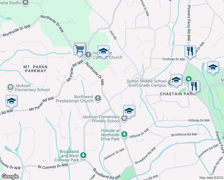 map of restaurants, bars, coffee shops, grocery stores, and more near 4210 East Conway Drive Northwest in Atlanta