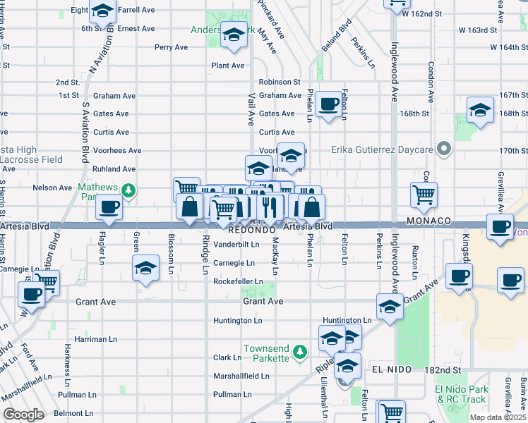map of restaurants, bars, coffee shops, grocery stores, and more near 2304 Mathews Avenue in Redondo Beach