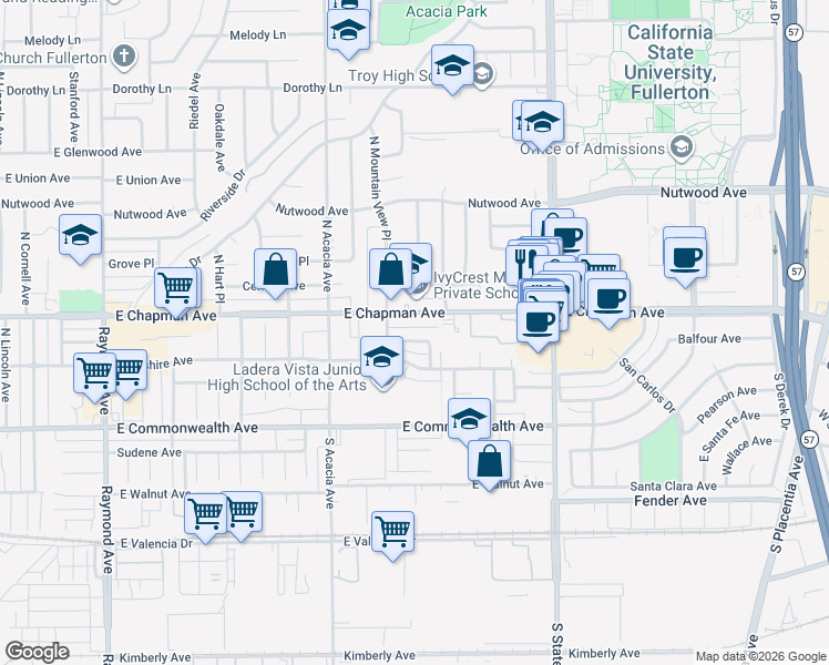 map of restaurants, bars, coffee shops, grocery stores, and more near 2025 East Whiting Avenue in Fullerton
