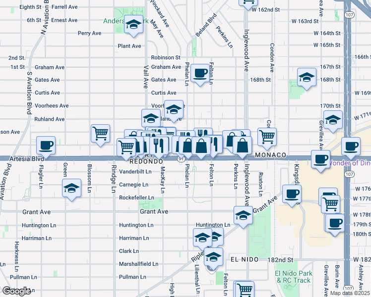 map of restaurants, bars, coffee shops, grocery stores, and more near 2009 Phelan Lane in Redondo Beach