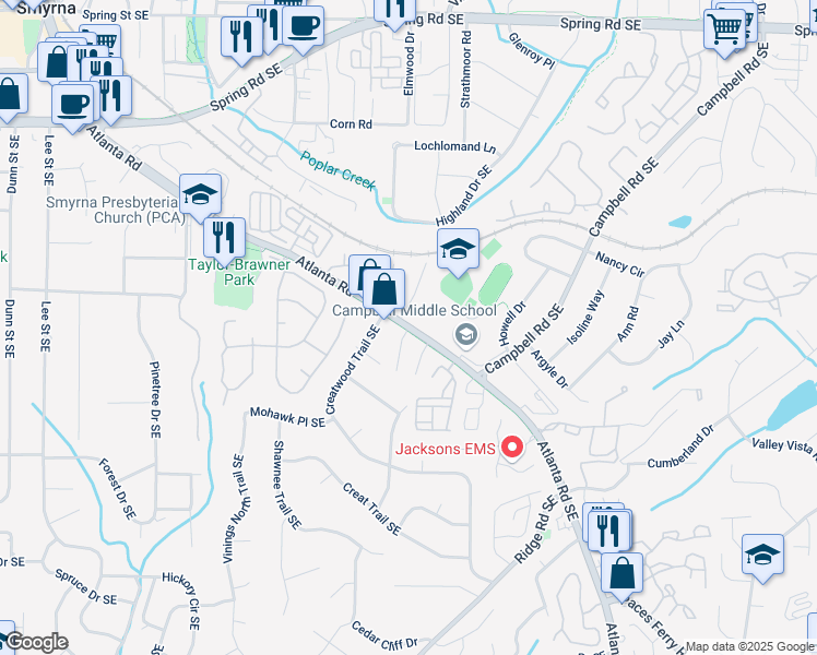 map of restaurants, bars, coffee shops, grocery stores, and more near Atlanta Road in Smyrna