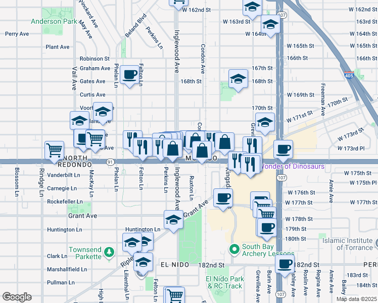 map of restaurants, bars, coffee shops, grocery stores, and more near 4727 Artesia Boulevard in Lawndale