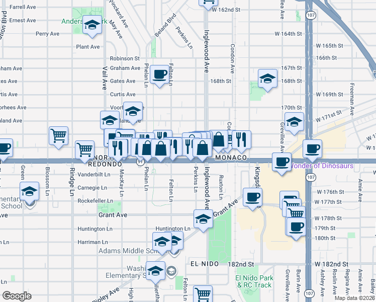 map of restaurants, bars, coffee shops, grocery stores, and more near 2607 Artesia Boulevard in Redondo Beach