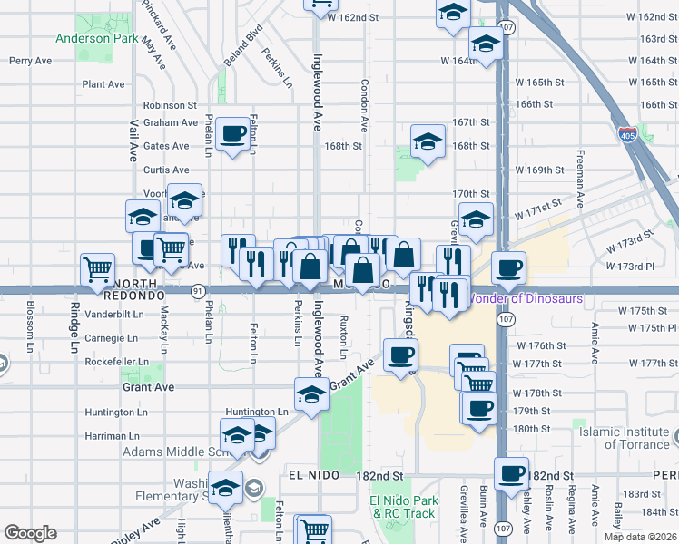 map of restaurants, bars, coffee shops, grocery stores, and more near 4727 Artesia Boulevard in Lawndale