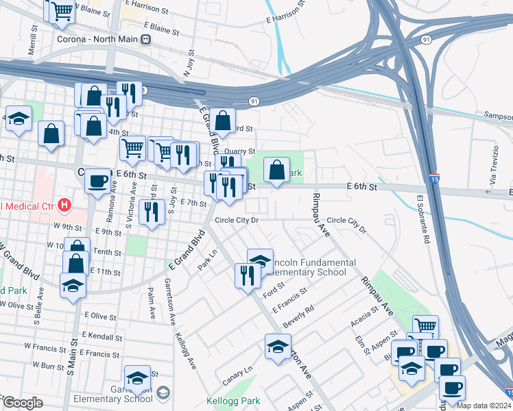 map of restaurants, bars, coffee shops, grocery stores, and more near 768 La Tierra Street in Corona