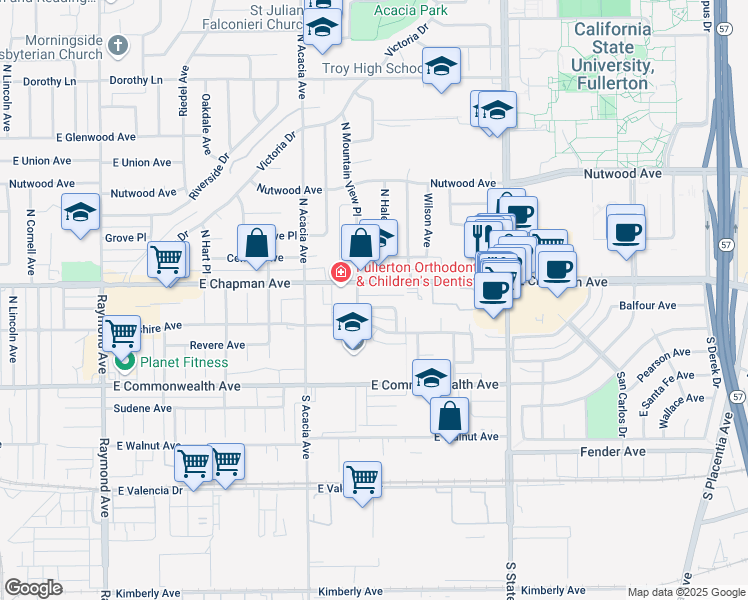 map of restaurants, bars, coffee shops, grocery stores, and more near 2017 East Whiting Avenue in Fullerton