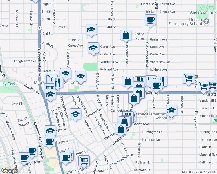 map of restaurants, bars, coffee shops, grocery stores, and more near 1544 Mathews Avenue in Manhattan Beach