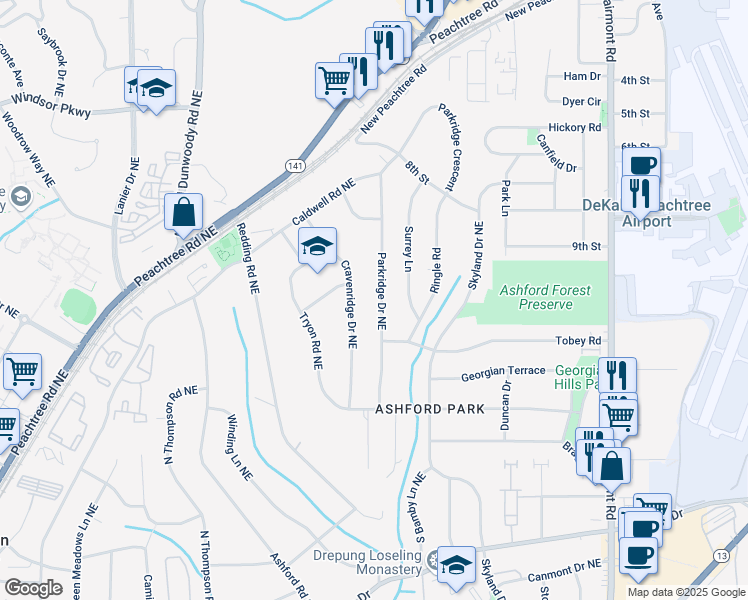 map of restaurants, bars, coffee shops, grocery stores, and more near 2922 Parkridge Drive Northeast in Atlanta