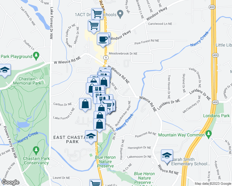 map of restaurants, bars, coffee shops, grocery stores, and more near Wieuca Road Northeast in Atlanta