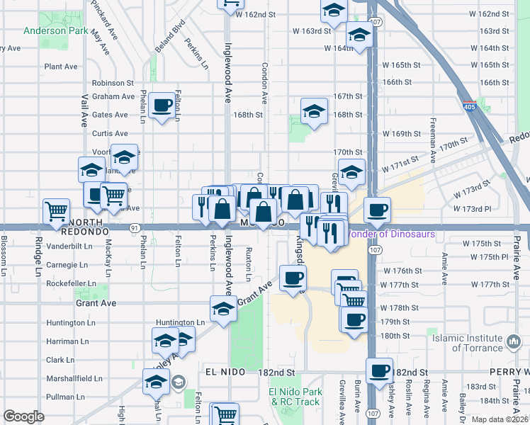 map of restaurants, bars, coffee shops, grocery stores, and more near 4641 Artesia Boulevard in Lawndale