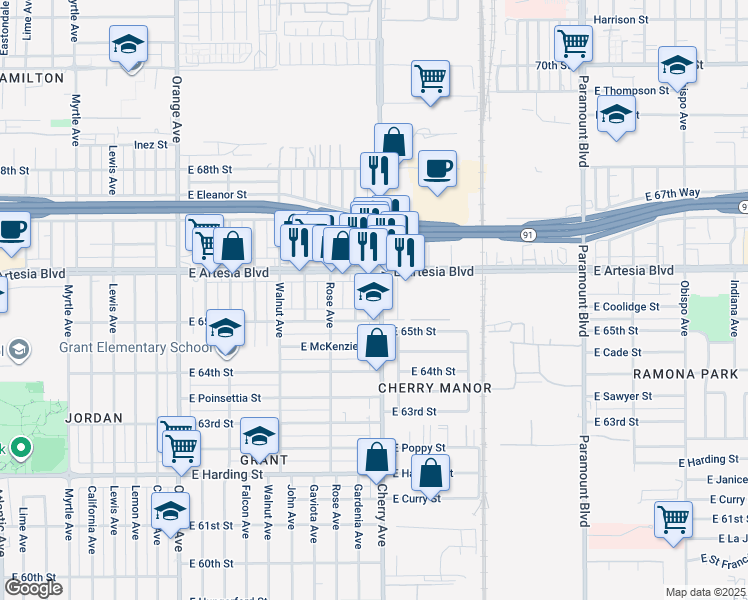map of restaurants, bars, coffee shops, grocery stores, and more near 6539 Cherry Avenue in Long Beach