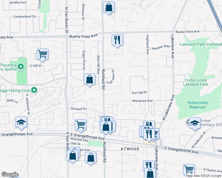 map of restaurants, bars, coffee shops, grocery stores, and more near 6012 Richfield Road in Yorba Linda
