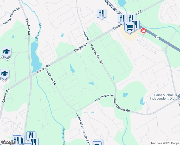 map of restaurants, bars, coffee shops, grocery stores, and more near 2935 Cooper Woods Lane in Loganville