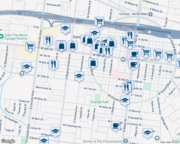map of restaurants, bars, coffee shops, grocery stores, and more near 624 West 9th Street in Corona