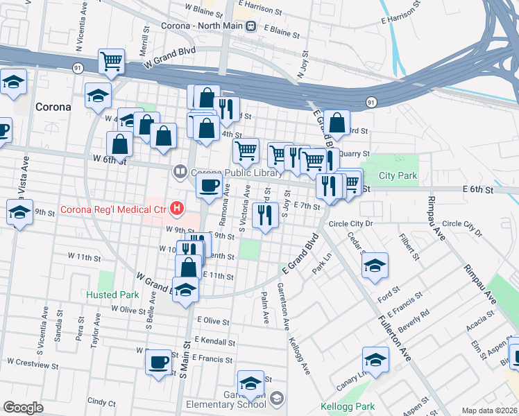 map of restaurants, bars, coffee shops, grocery stores, and more near 801 South Victoria Avenue in Corona