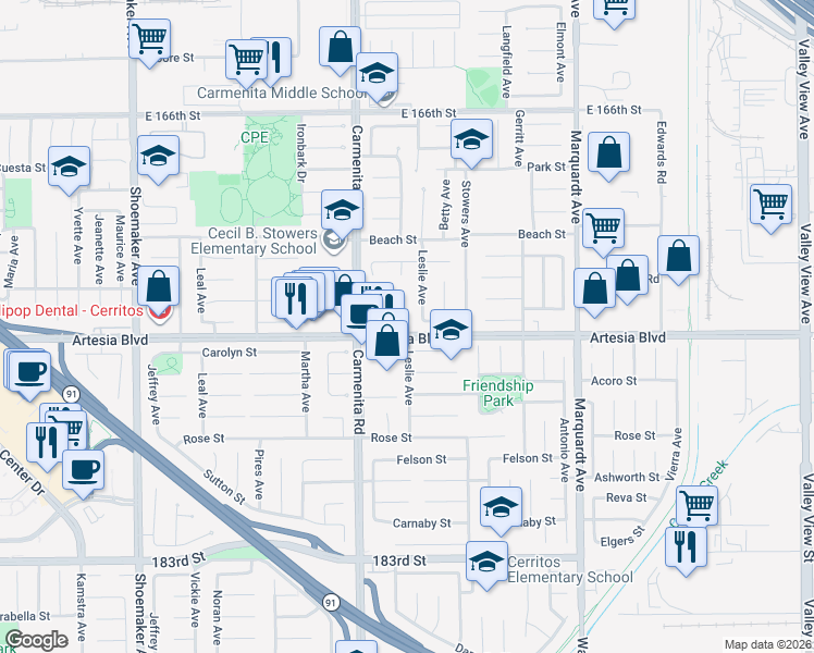 map of restaurants, bars, coffee shops, grocery stores, and more near 13509 Carolyn Place in Cerritos
