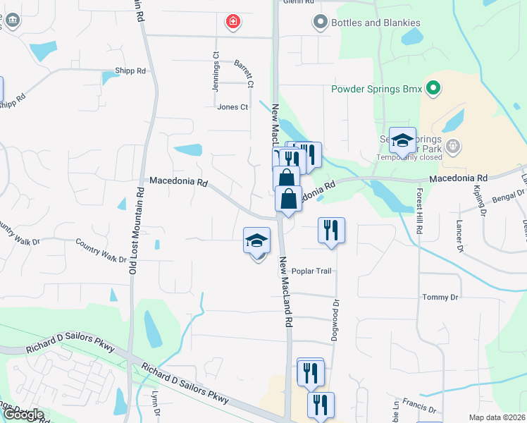 map of restaurants, bars, coffee shops, grocery stores, and more near 4200 Macedonia Road in Powder Springs
