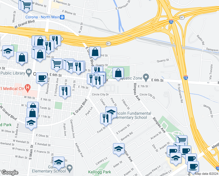 map of restaurants, bars, coffee shops, grocery stores, and more near 768 La Tierra Street in Corona