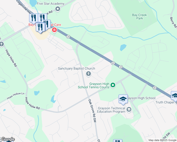 map of restaurants, bars, coffee shops, grocery stores, and more near 3011 Nuttall Oak Court in Loganville