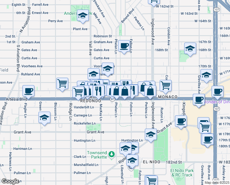 map of restaurants, bars, coffee shops, grocery stores, and more near 2009 Phelan Lane in Redondo Beach
