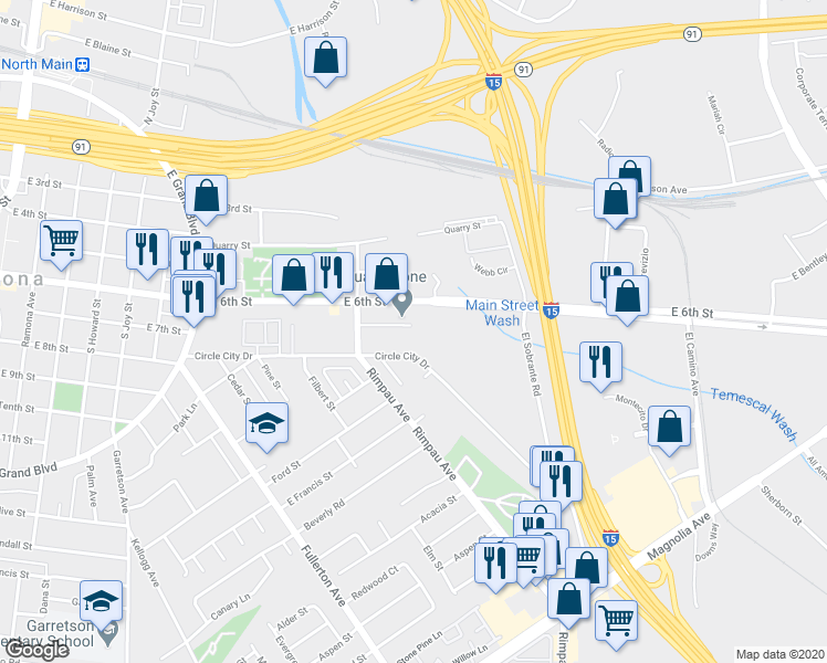 map of restaurants, bars, coffee shops, grocery stores, and more near 1150 East 7th Street in Corona