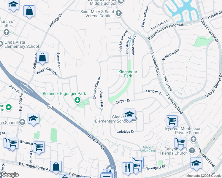map of restaurants, bars, coffee shops, grocery stores, and more near 6036 Oak Meadow Drive in Yorba Linda