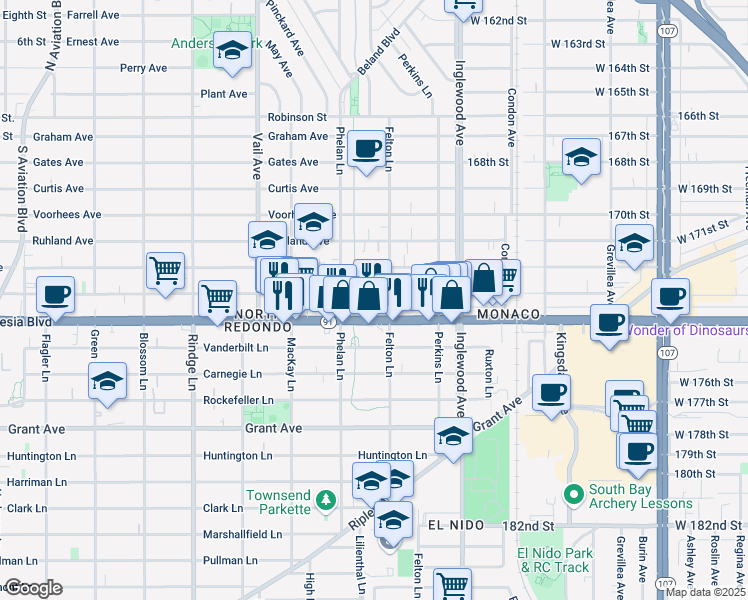 map of restaurants, bars, coffee shops, grocery stores, and more near 2516 Mathews Avenue in Redondo Beach