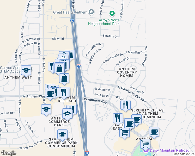 map of restaurants, bars, coffee shops, grocery stores, and more near 3872 West Ranier Court in New River